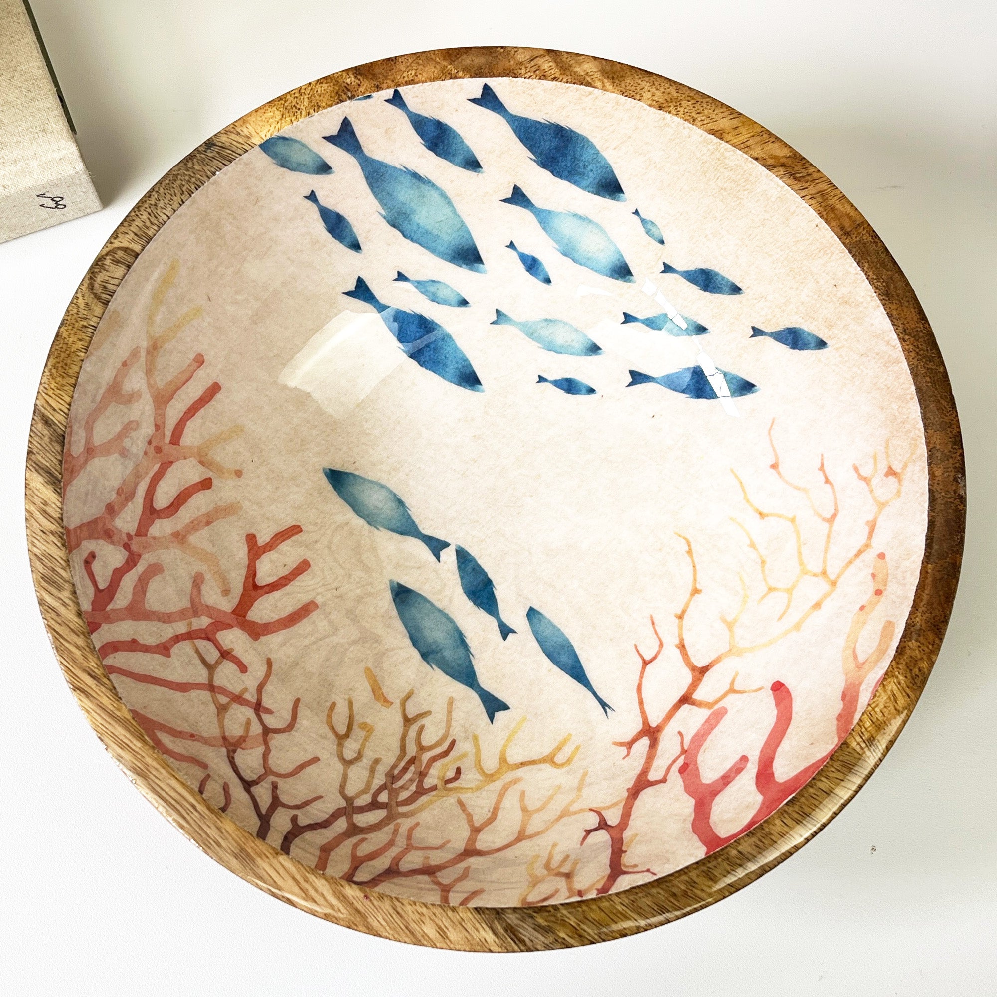 25.5cm Decorative Wooden Bowl with Enamel Nautical Fish Design