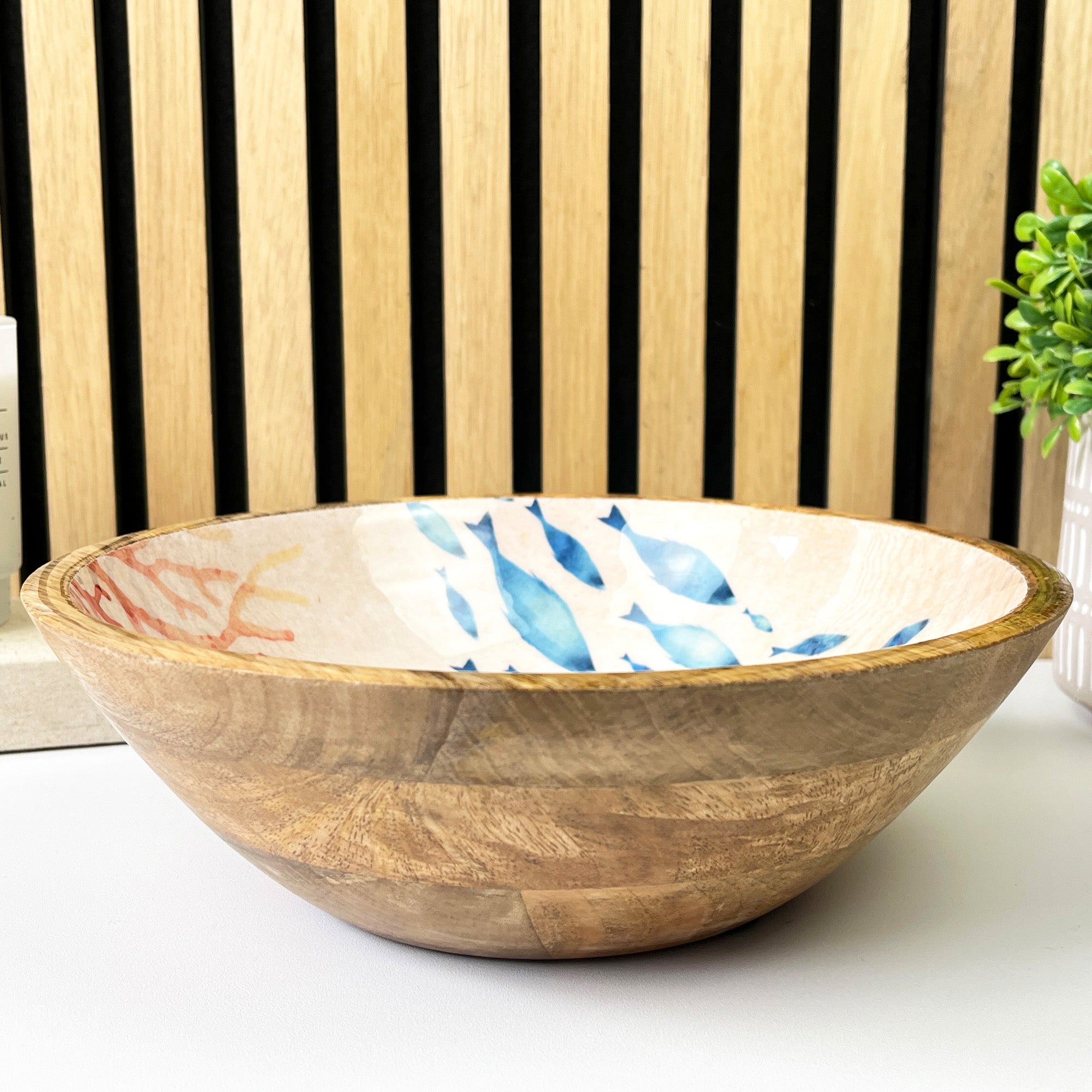25.5cm Decorative Wooden Bowl with Enamel Nautical Fish Design