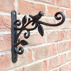24cm Floral Leaves & Bird Hanging Basket Wall Bracket Hook - Cast Iron