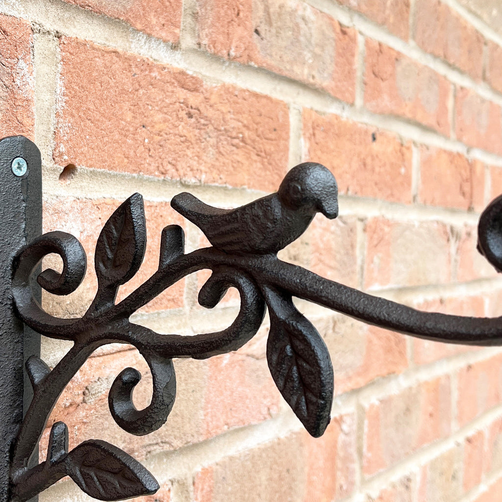 24cm Floral Leaves & Bird Hanging Basket Wall Bracket Hook - Cast Iron