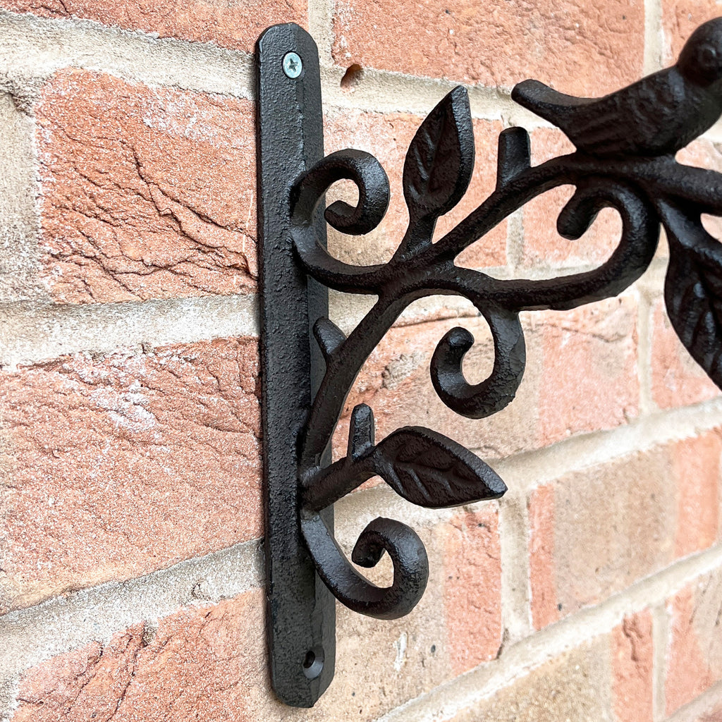 24cm Floral Leaves & Bird Hanging Basket Wall Bracket Hook - Cast Iron