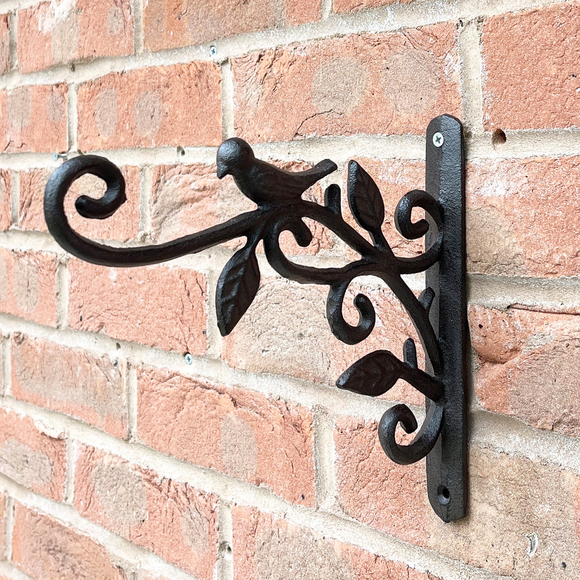 24cm Floral Leaves & Bird Hanging Basket Wall Bracket Hook - Cast Iron