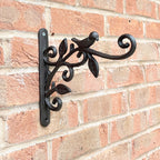 24cm Floral Leaves & Bird Hanging Basket Wall Bracket Hook - Cast Iron