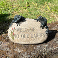 Welcome to Our Garden Frogs on a Stone Garden Ornament – Resin