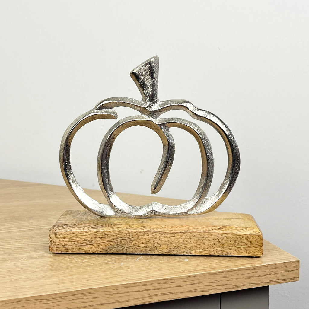 16.5cm Metal Pumpkin Ornament on Wooden Base