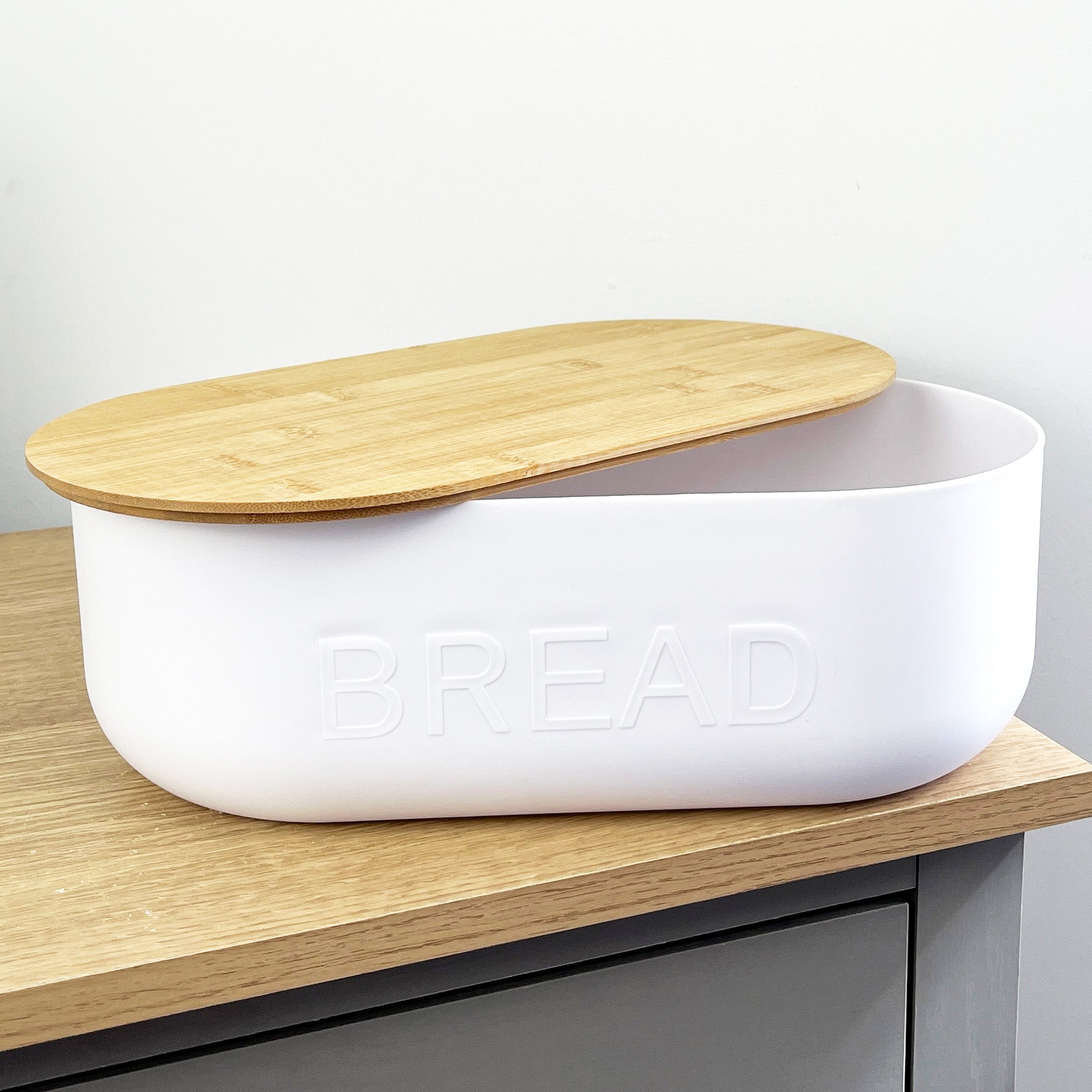 35.5cm x 12cm White Plastic Bread Bin with Wooden Lid