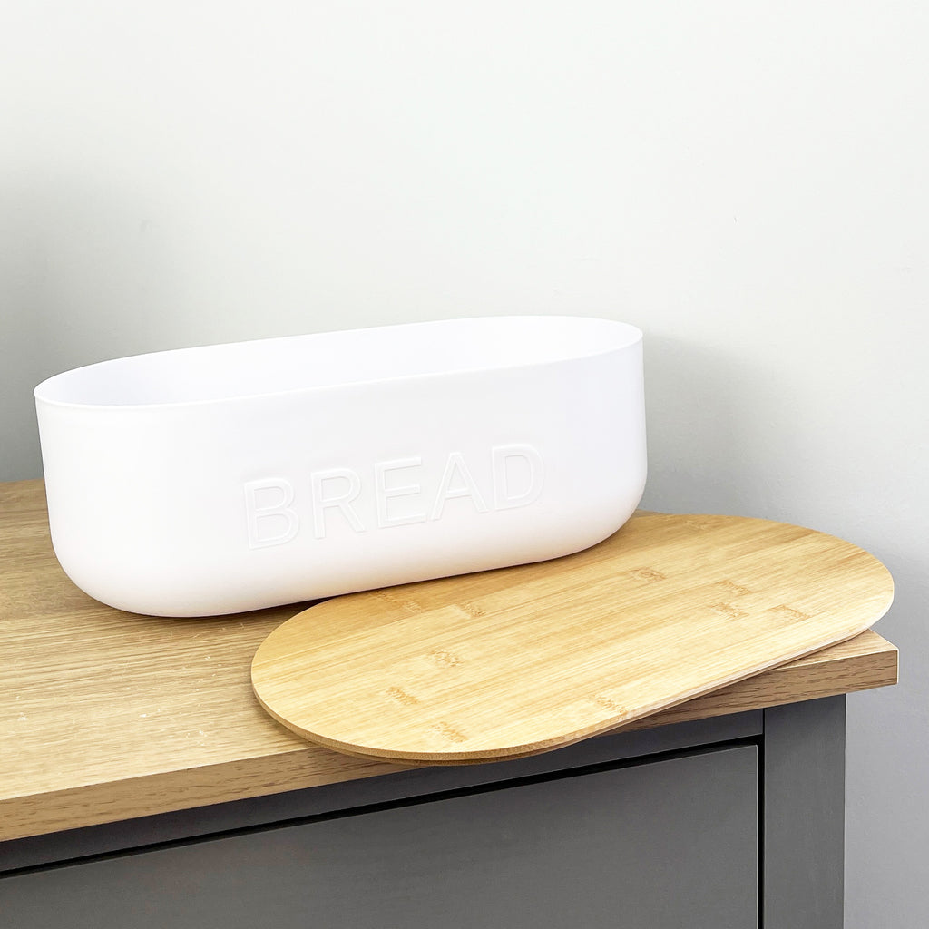 35.5cm x 12cm White Plastic Bread Bin with Wooden Lid
