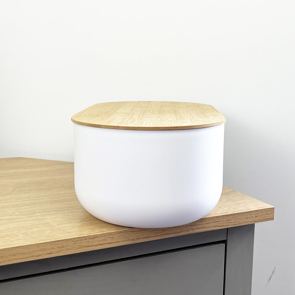 35.5cm x 12cm White Plastic Bread Bin with Wooden Lid