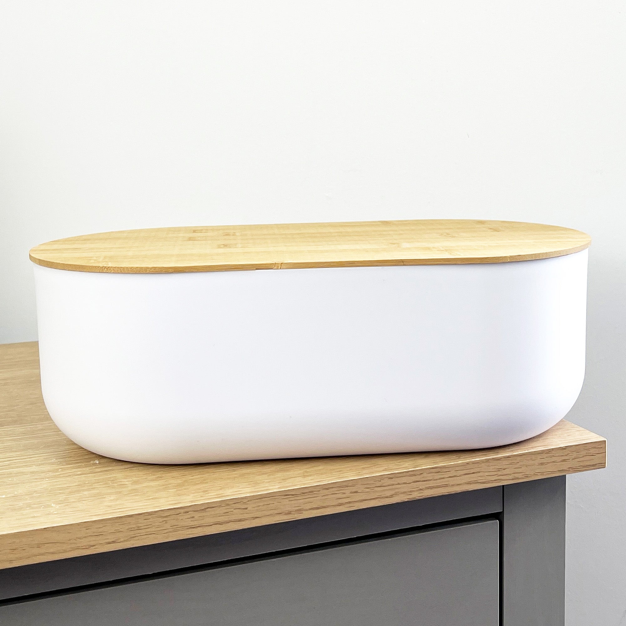 35.5cm x 12cm White Plastic Bread Bin with Wooden Lid