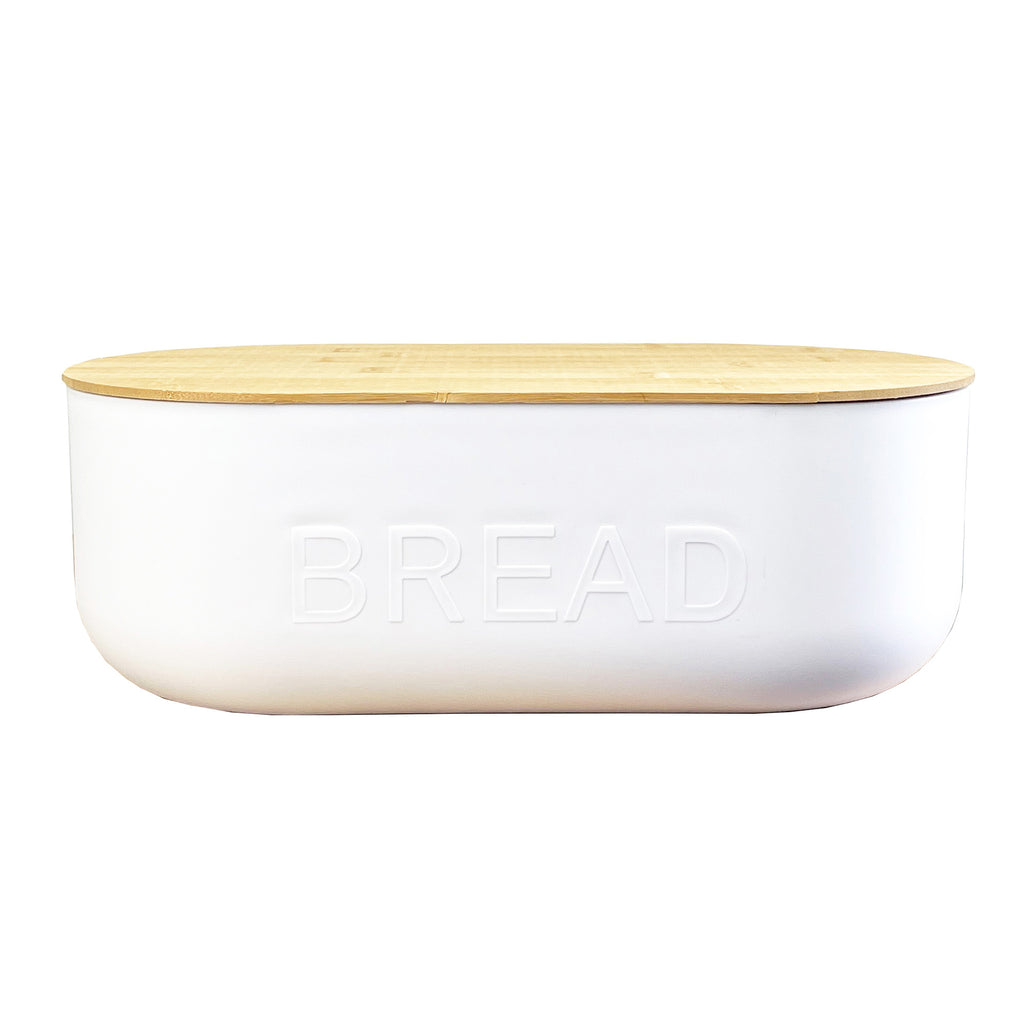 35.5cm x 12cm White Plastic Bread Bin with Wooden Lid