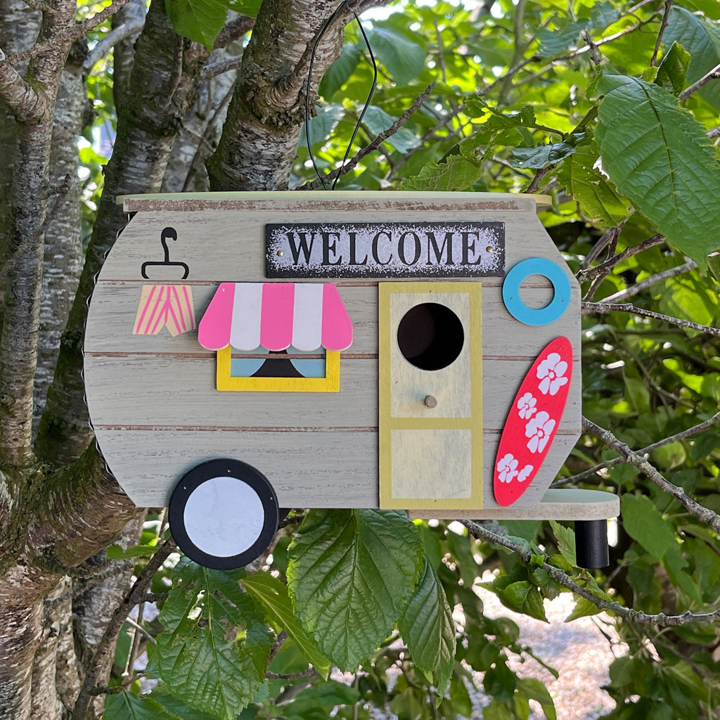 Quirky Caravan Bird House Garden Ornament – Welcome Surfboard Design