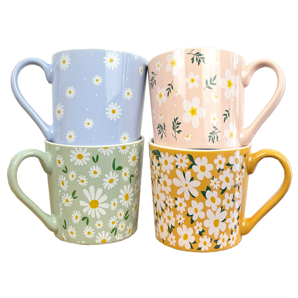 Set of 4 x 350ml Retro Floral Porcelain Mugs - Multi-coloured