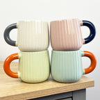 Set of 4 x 325ml Chunky Handle Retro Ribbed Stoneware Mugs