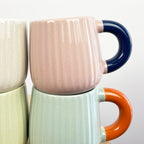 Set of 4 x 325ml Chunky Handle Retro Ribbed Stoneware Mugs