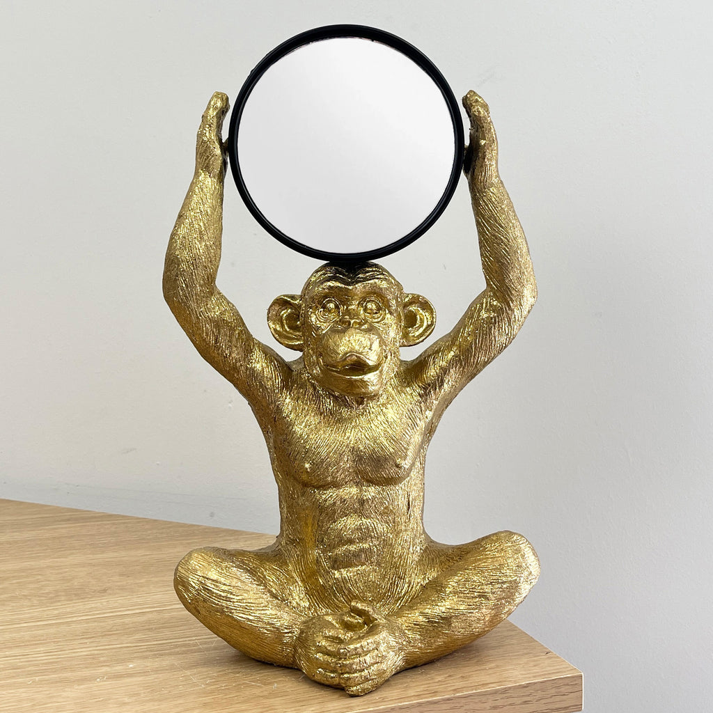 31cm Gold Monkey Holding a Mirror Ornament - Resin