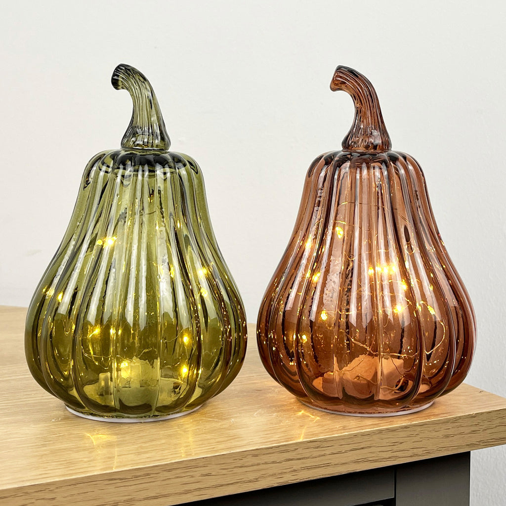 Pair of 16.5cm Glass Pumpkin Ornaments / LED Mood Lights