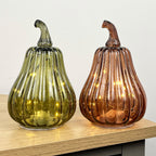 Pair of 16.5cm Glass Pumpkin Ornaments / LED Mood Lights