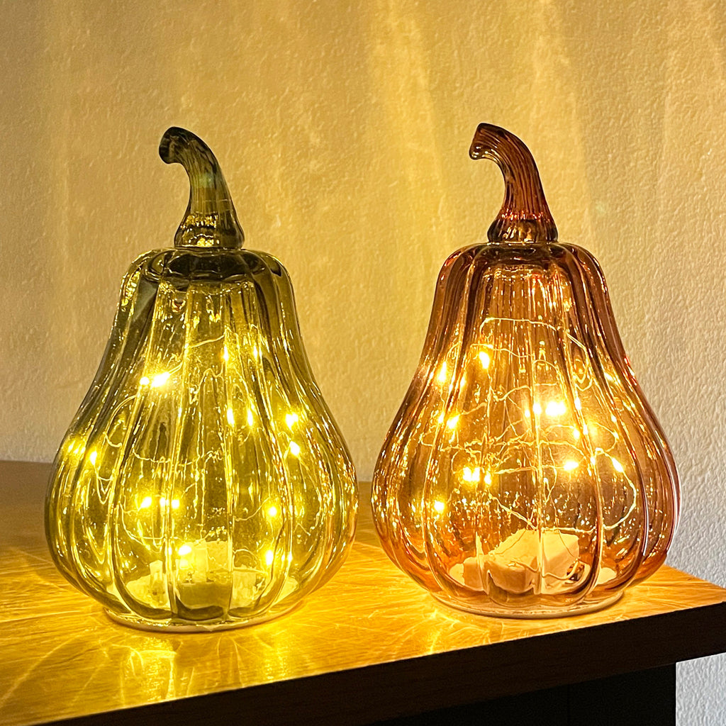 Pair of 16.5cm Glass Pumpkin Ornaments / LED Mood Lights
