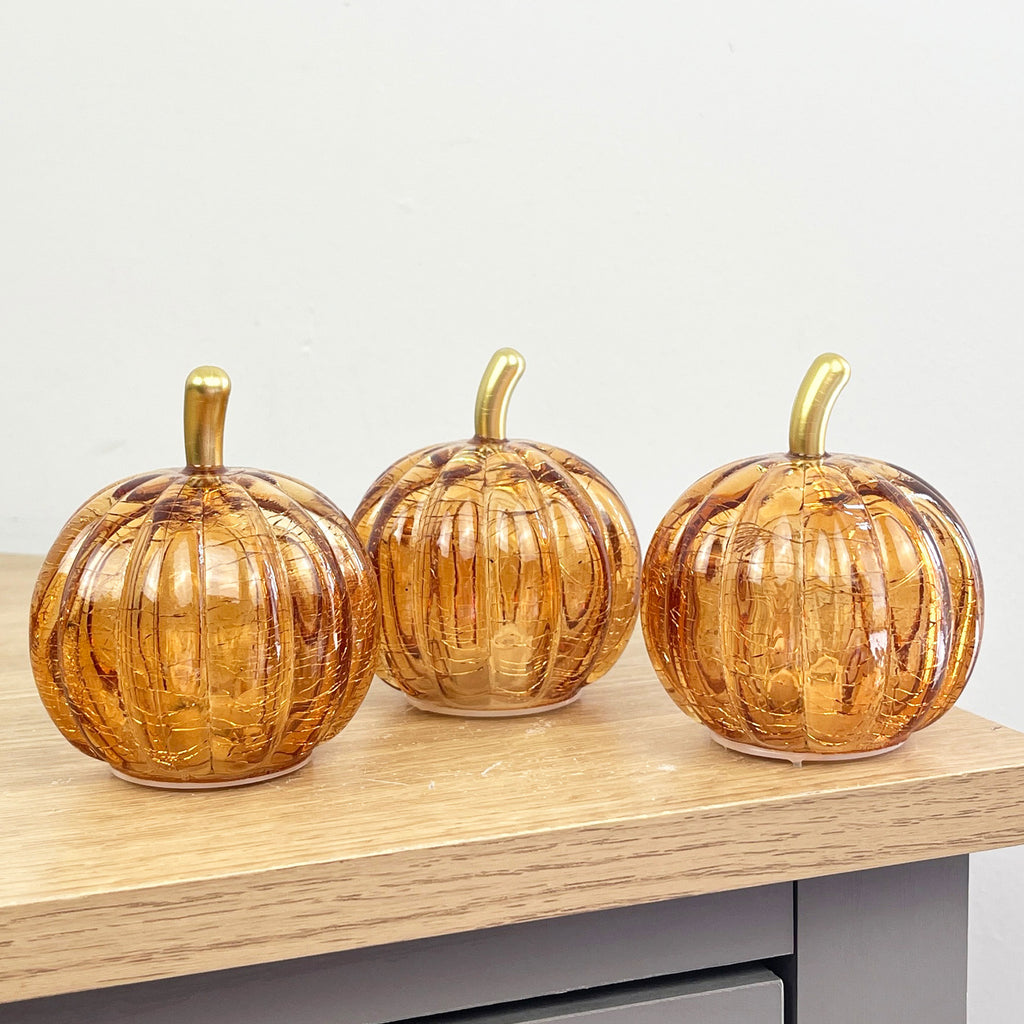 Set of 3 Small Orange Glass Pumpkin Ornaments / LED Mood Lights