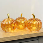 Set of 3 Small Orange Glass Pumpkin Ornaments / LED Mood Lights