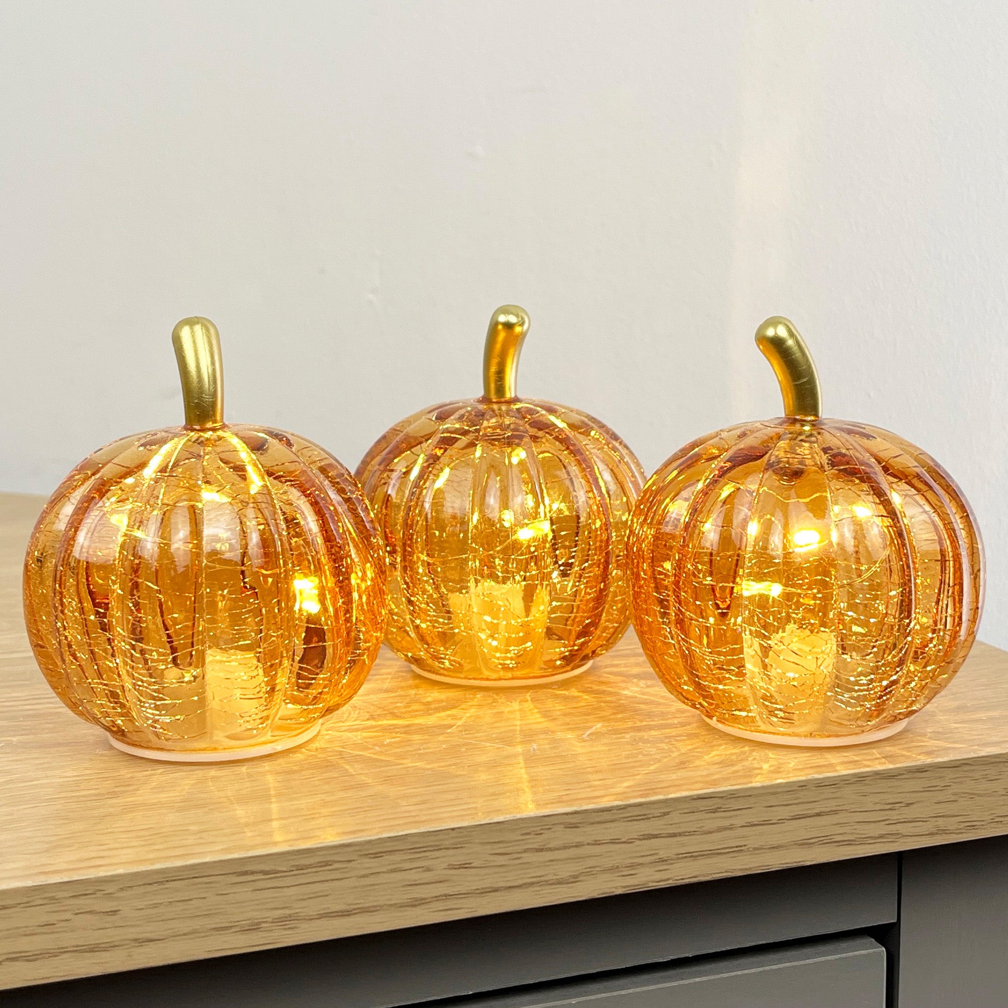 Set of 3 Small Orange Glass Pumpkin Ornaments / LED Mood Lights