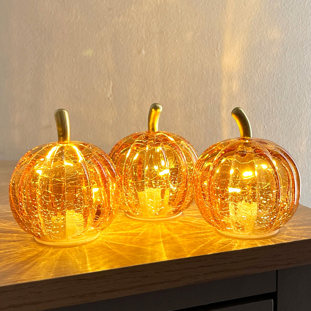 Set of 3 Small Orange Glass Pumpkin Ornaments / LED Mood Lights