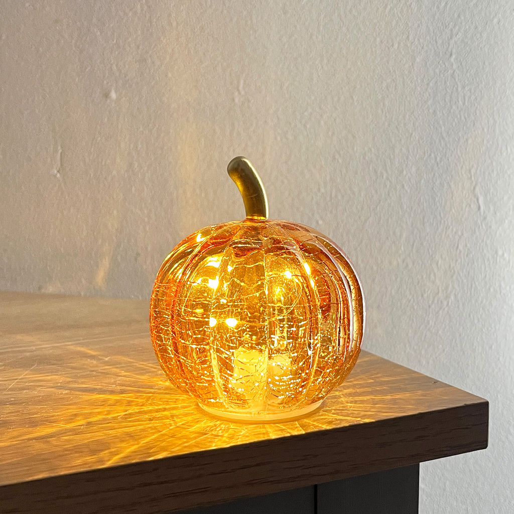 Set of 3 Small Orange Glass Pumpkin Ornaments / LED Mood Lights