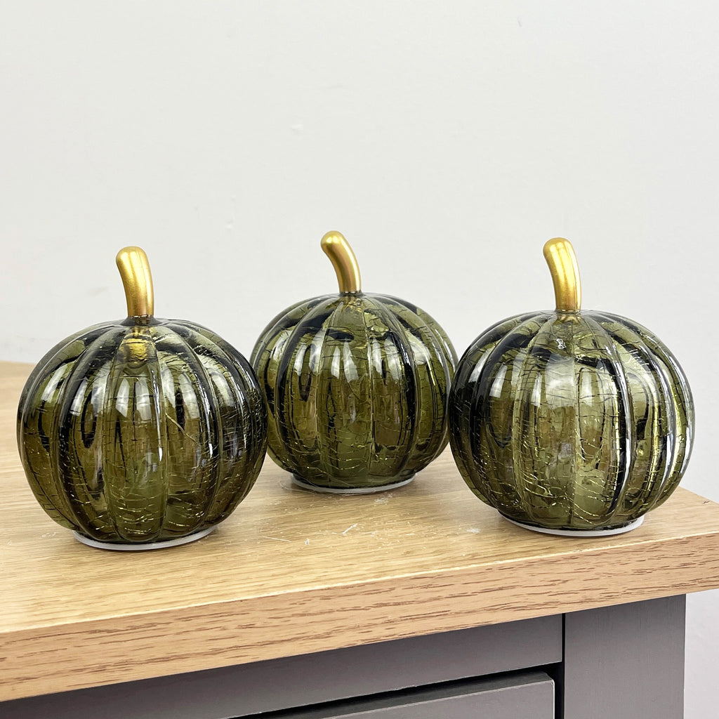 Set of 3 Small Green Glass Pumpkin Ornaments / LED Mood Lights