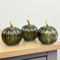 Set of 3 Small Green Glass Pumpkin Ornaments / LED Mood Lights
