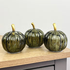 Set of 3 Small Green Glass Pumpkin Ornaments / LED Mood Lights