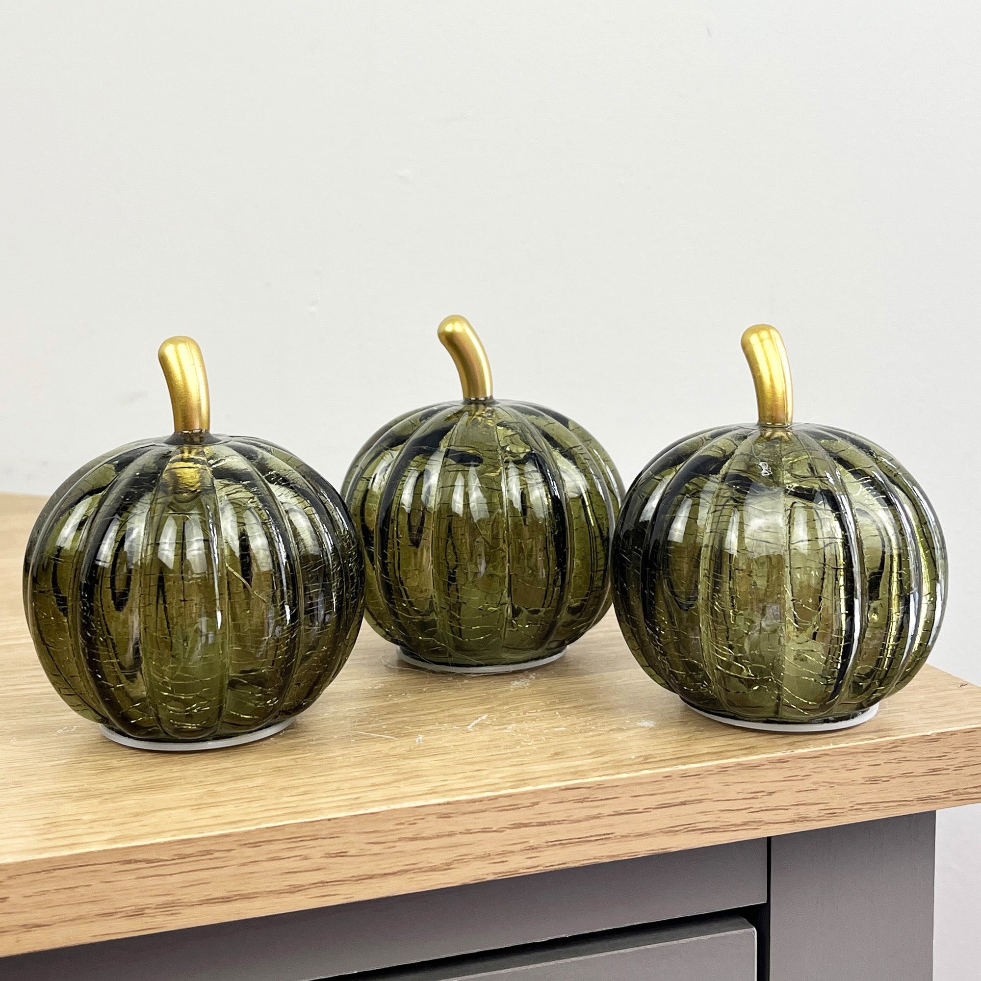 Set of 3 Small Green Glass Pumpkin Ornaments / LED Mood Lights