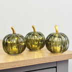 Set of 3 Small Green Glass Pumpkin Ornaments / LED Mood Lights