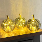 Set of 3 Small Green Glass Pumpkin Ornaments / LED Mood Lights