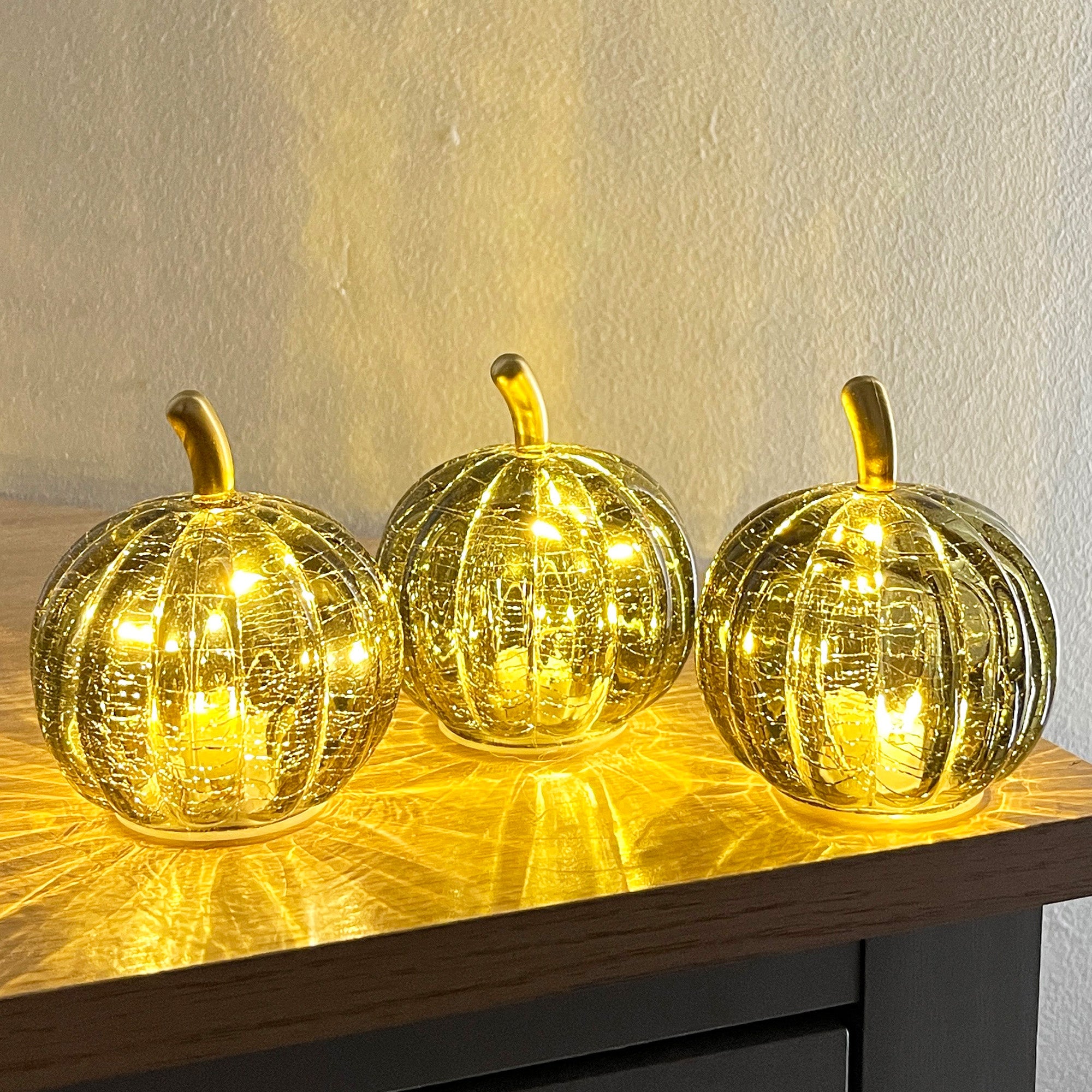 Set of 3 Small Green Glass Pumpkin Ornaments / LED Mood Lights