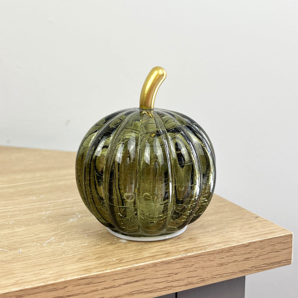 Set of 3 Small Green Glass Pumpkin Ornaments / LED Mood Lights