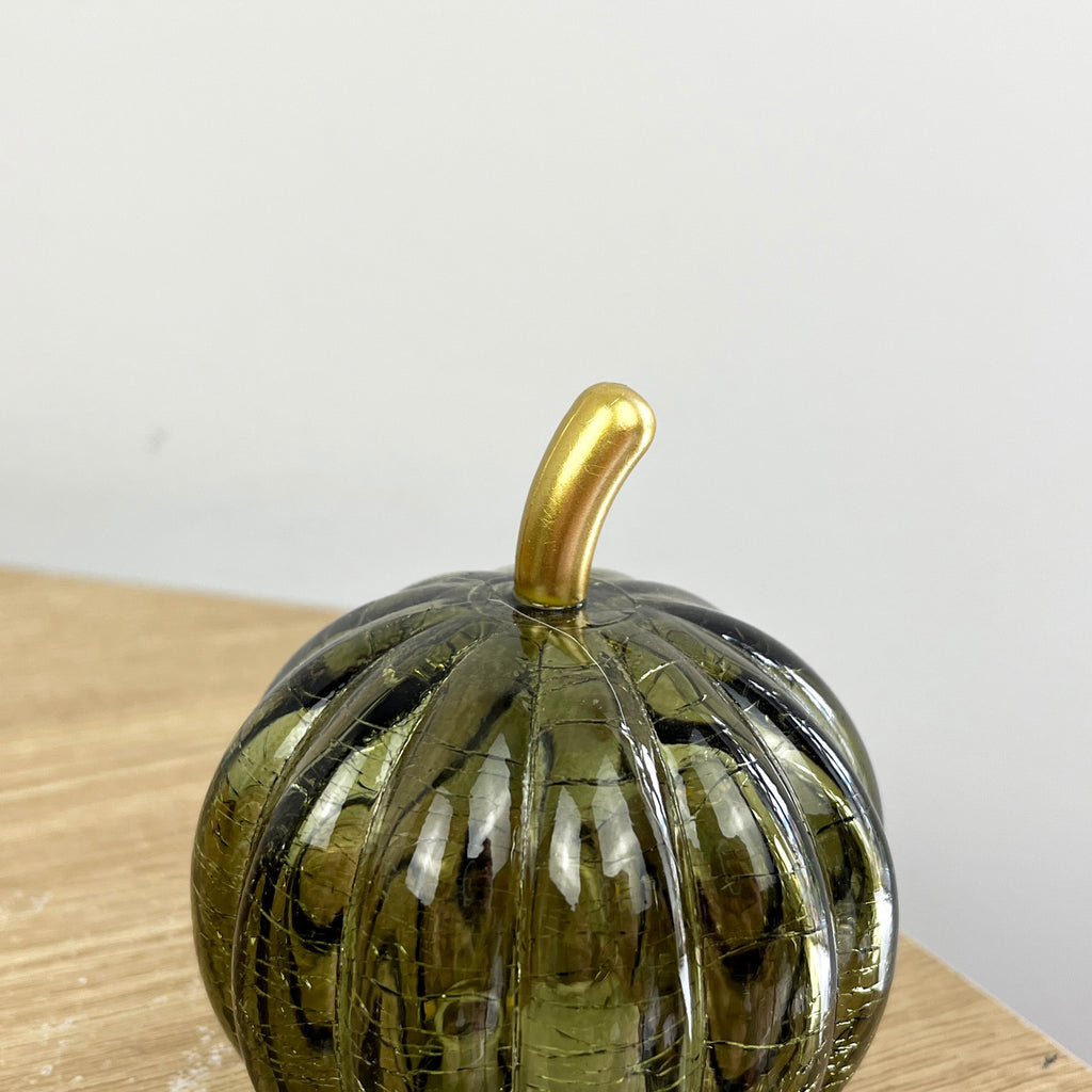 Set of 3 Small Green Glass Pumpkin Ornaments / LED Mood Lights