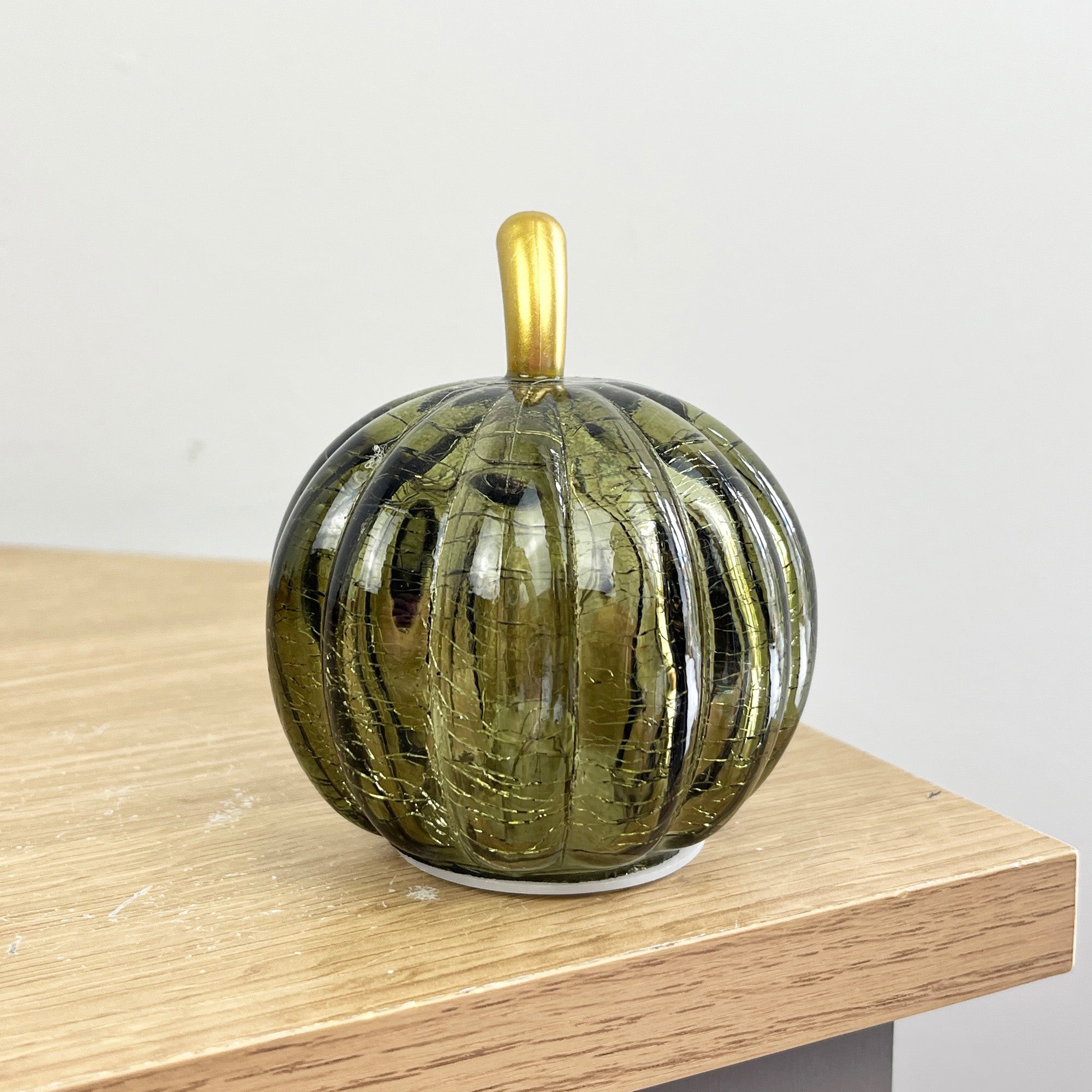 Set of 3 Small Green Glass Pumpkin Ornaments / LED Mood Lights
