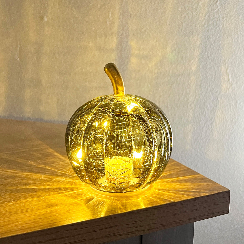 Set of 3 Small Green Glass Pumpkin Ornaments / LED Mood Lights