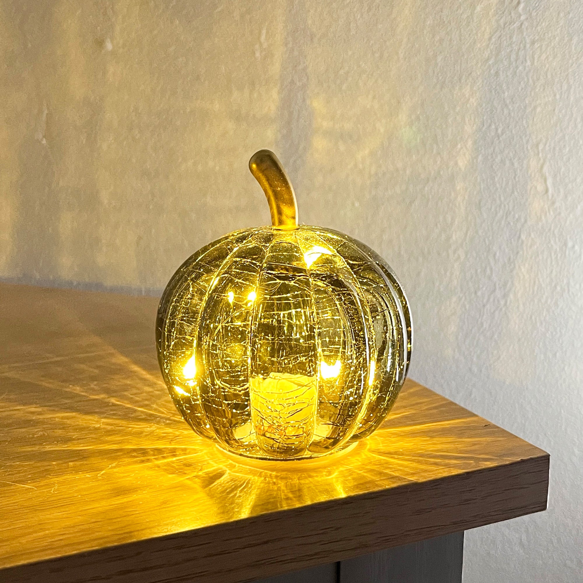 Set of 3 Small Green Glass Pumpkin Ornaments / LED Mood Lights