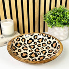 30cm Decorative Wooden Bowl with Enamel Leopard Print Design