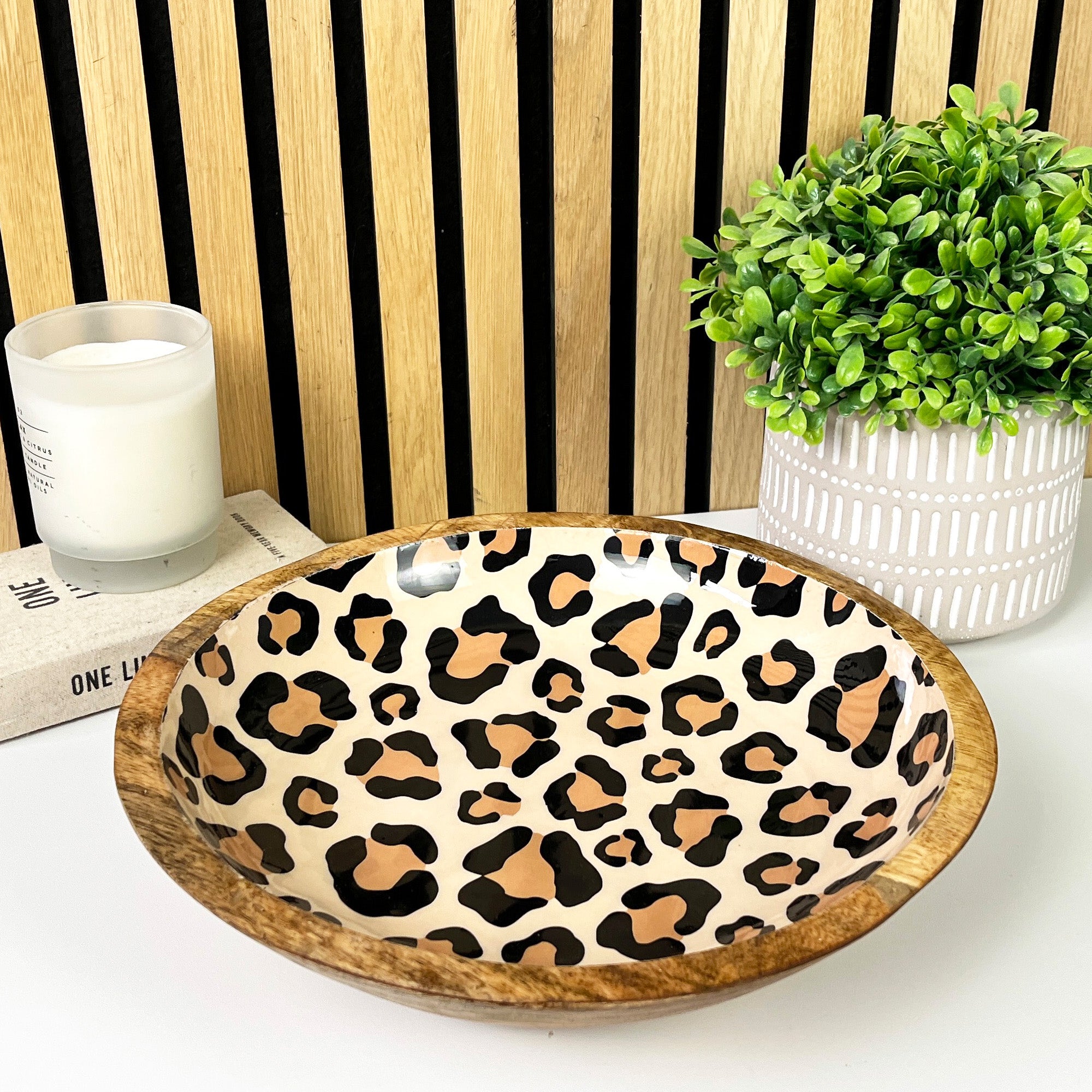 30cm Decorative Wooden Bowl with Enamel Leopard Print Design