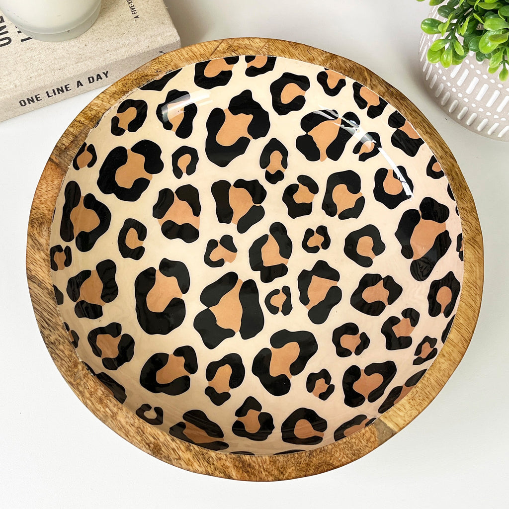 30cm Decorative Wooden Bowl with Enamel Leopard Print Design