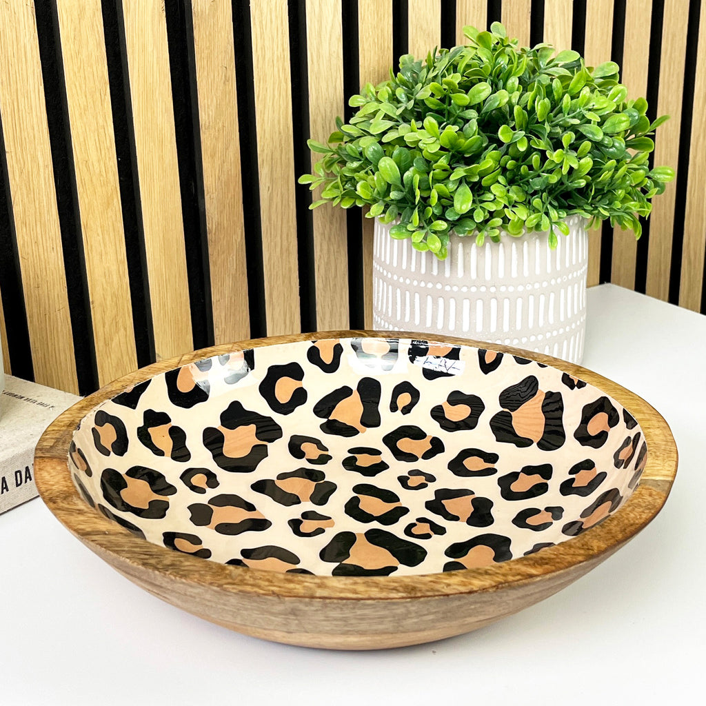 30cm Decorative Wooden Bowl with Enamel Leopard Print Design
