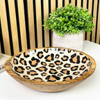 30cm Decorative Wooden Bowl with Enamel Leopard Print Design