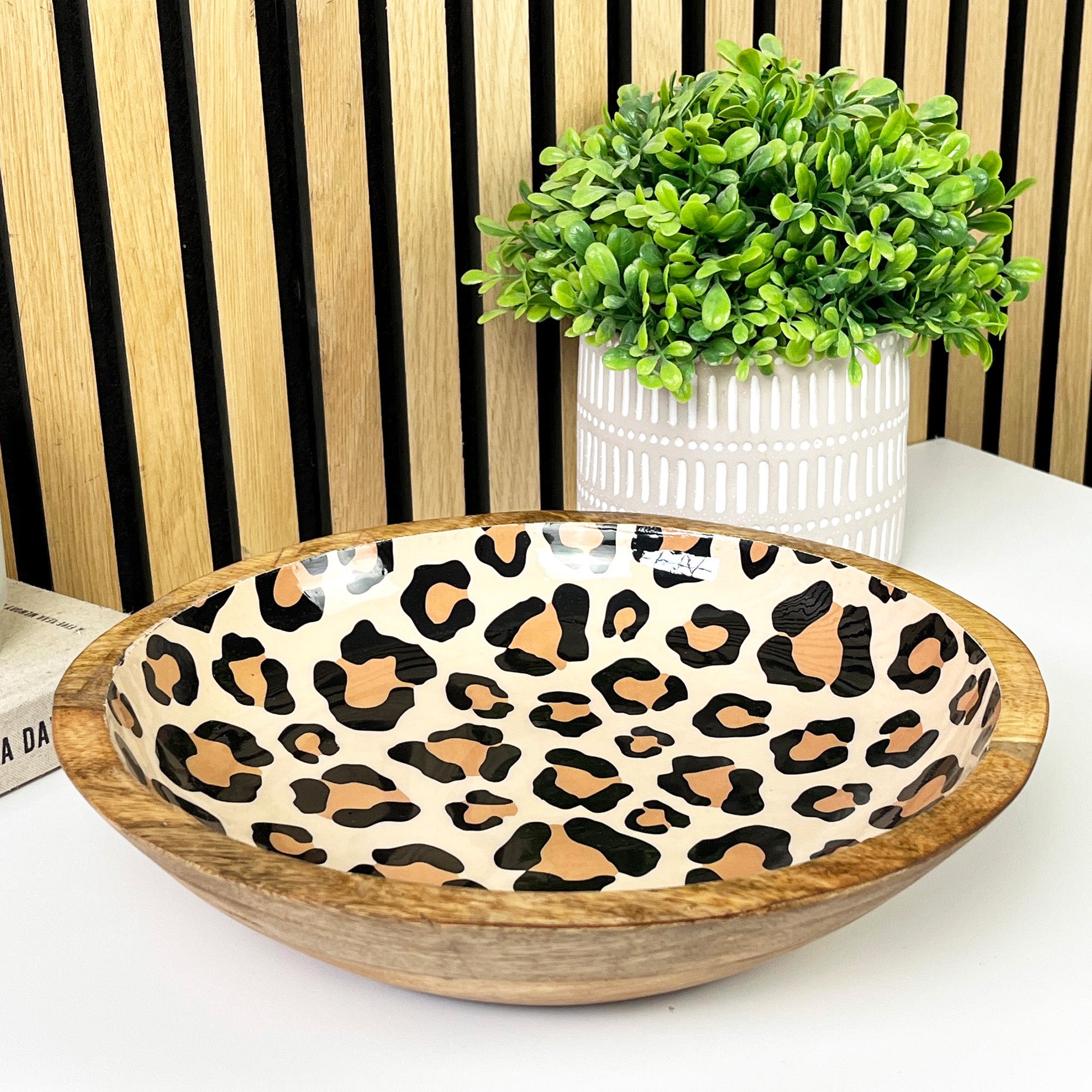 30cm Decorative Wooden Bowl with Enamel Leopard Print Design