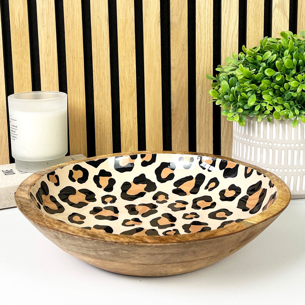 30cm Decorative Wooden Bowl with Enamel Leopard Print Design