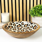 30cm Decorative Wooden Bowl with Enamel Leopard Print Design