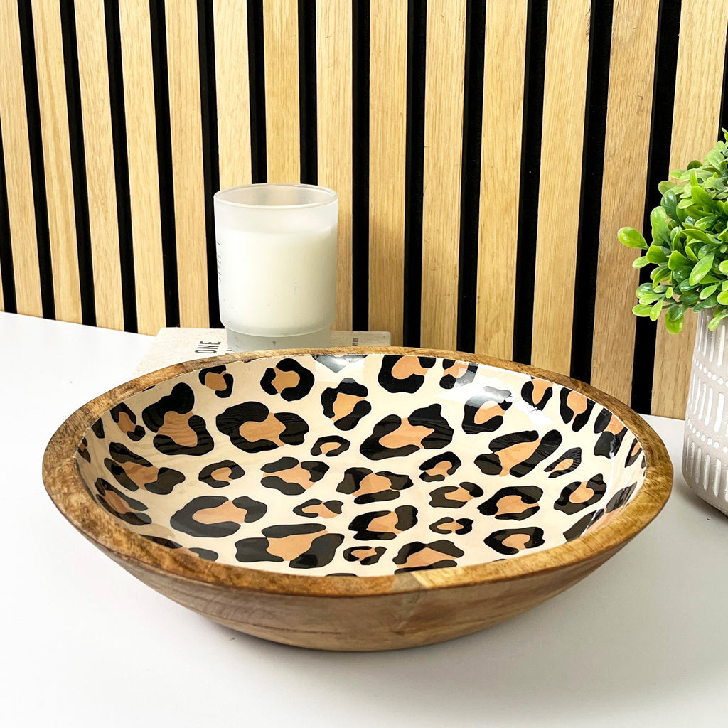 30cm Decorative Wooden Bowl with Enamel Leopard Print Design