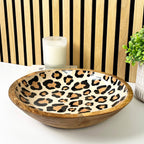 30cm Decorative Wooden Bowl with Enamel Leopard Print Design
