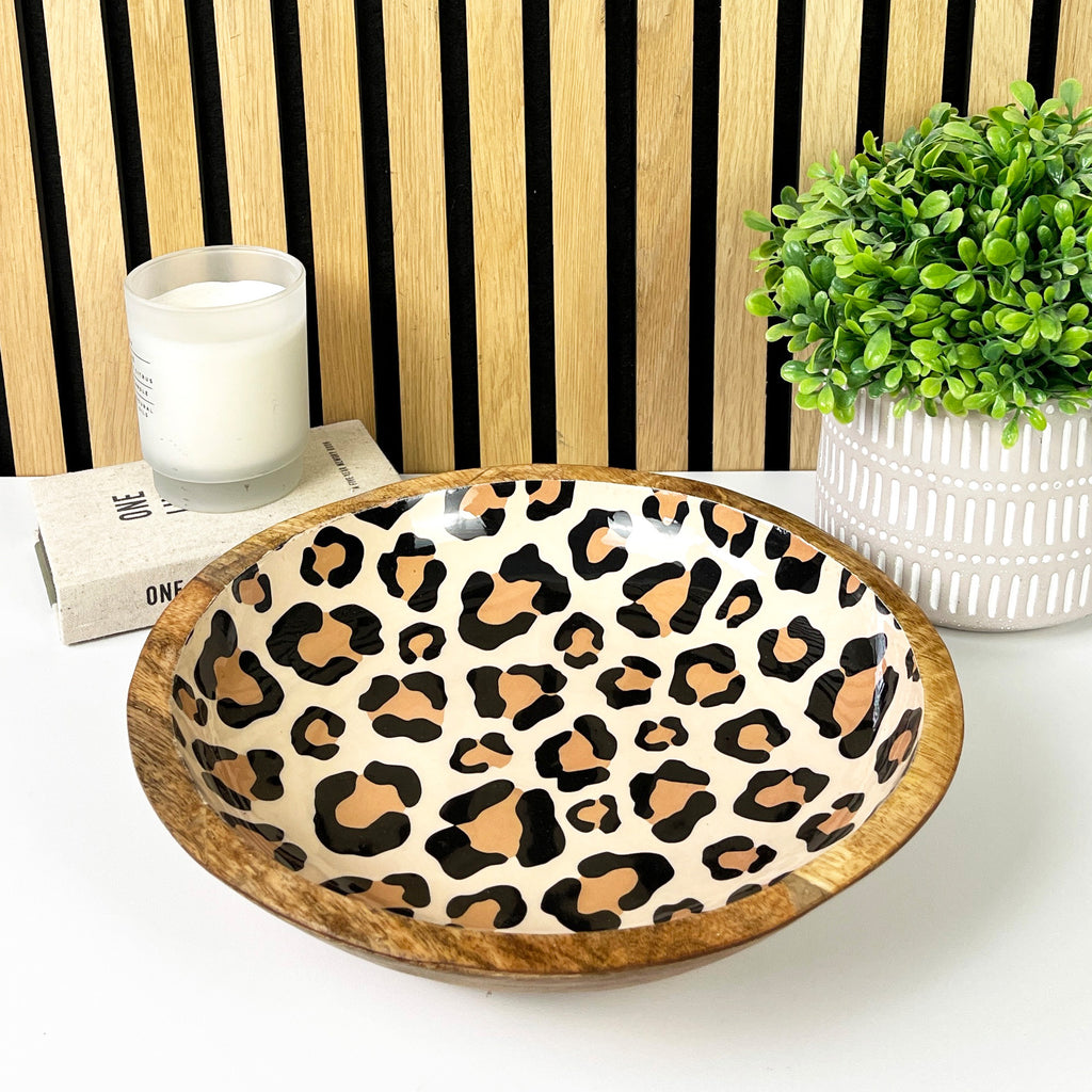30cm Decorative Wooden Bowl with Enamel Leopard Print Design